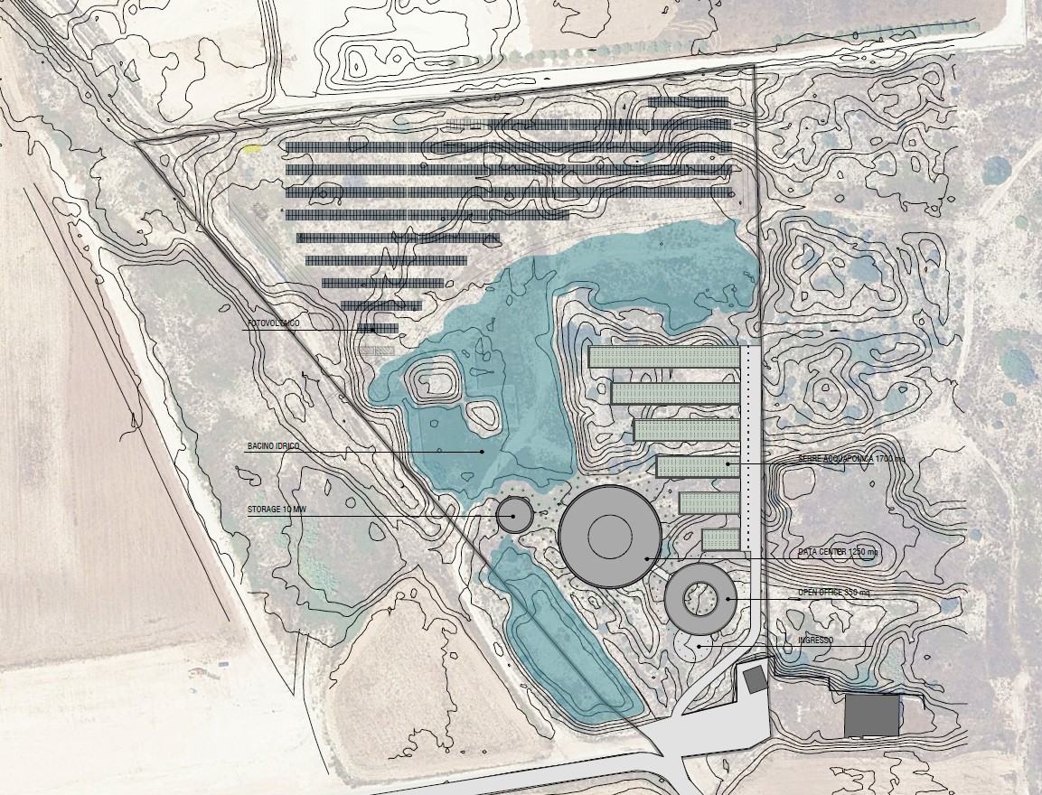 Preliminary rendering of the Datahabitat project — Mediterranean architecture integrated into the landscape