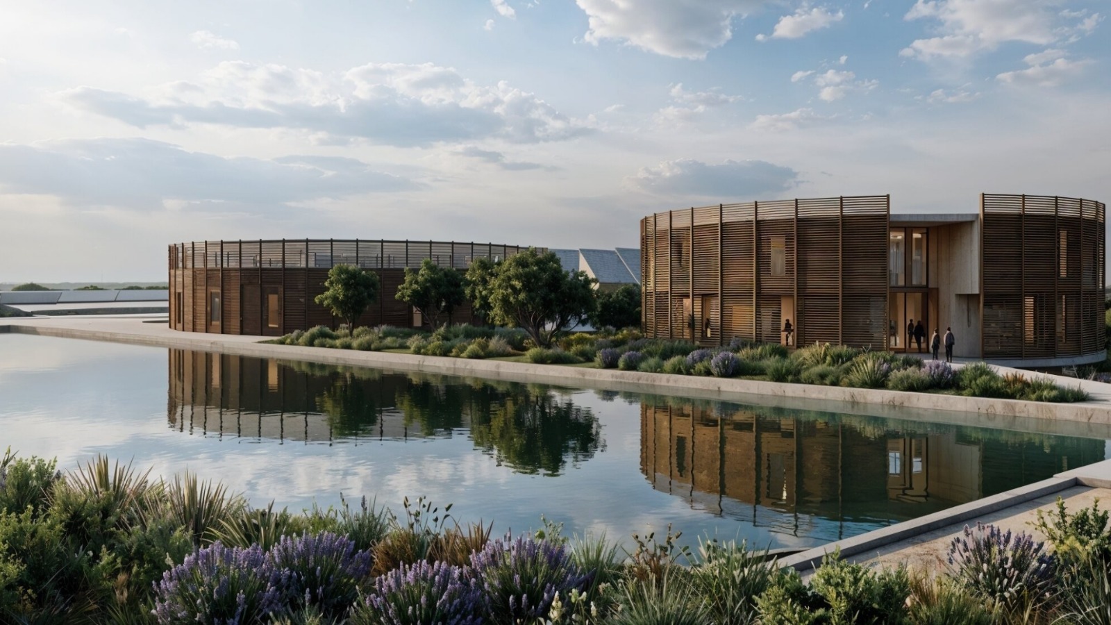Rendering of the Datahabitat buildings reflected in the landscape water reserve