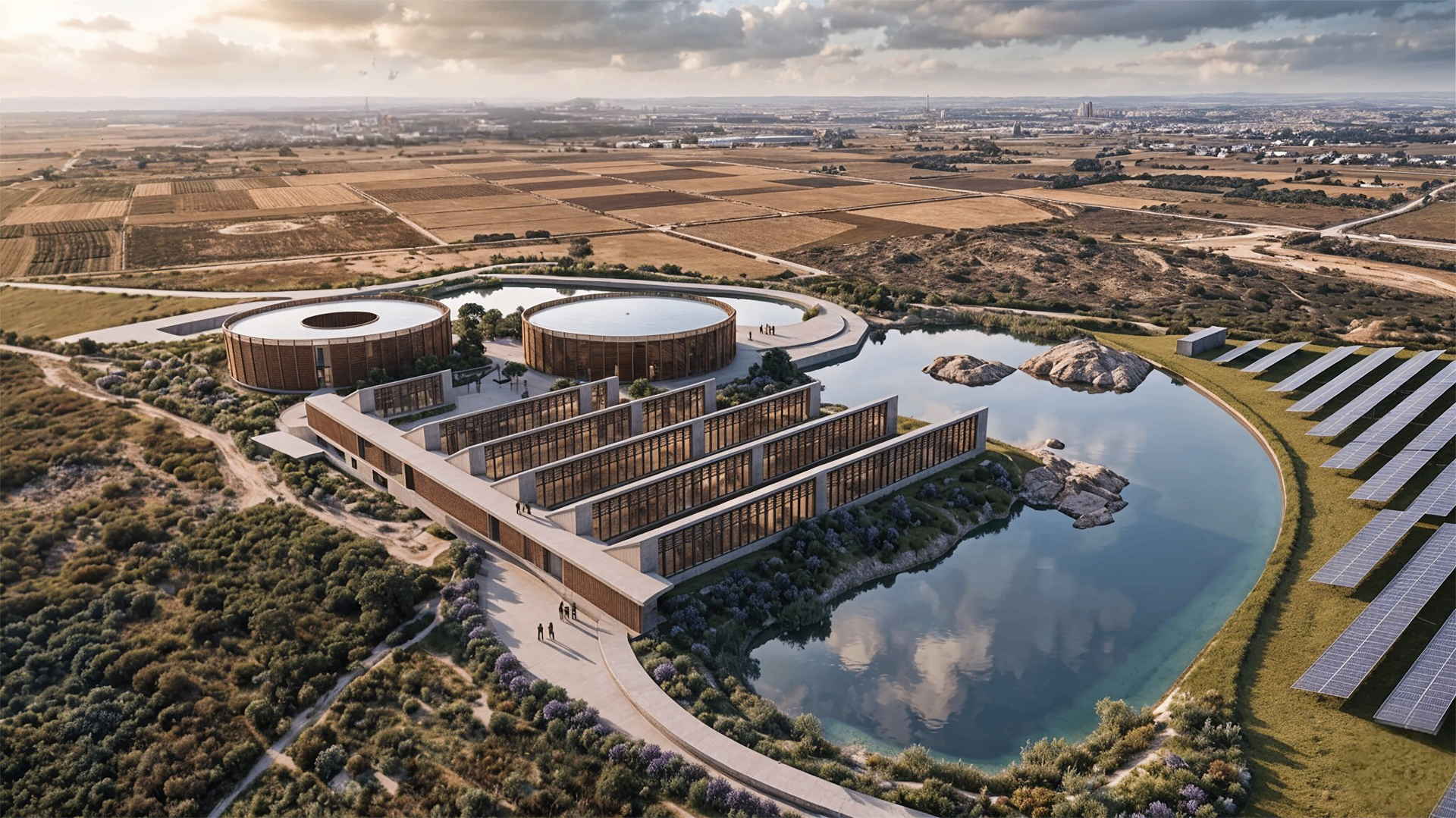 Aerial rendering of the Datahabitat masterplan with greenhouses, circular buildings and landscape water reserve