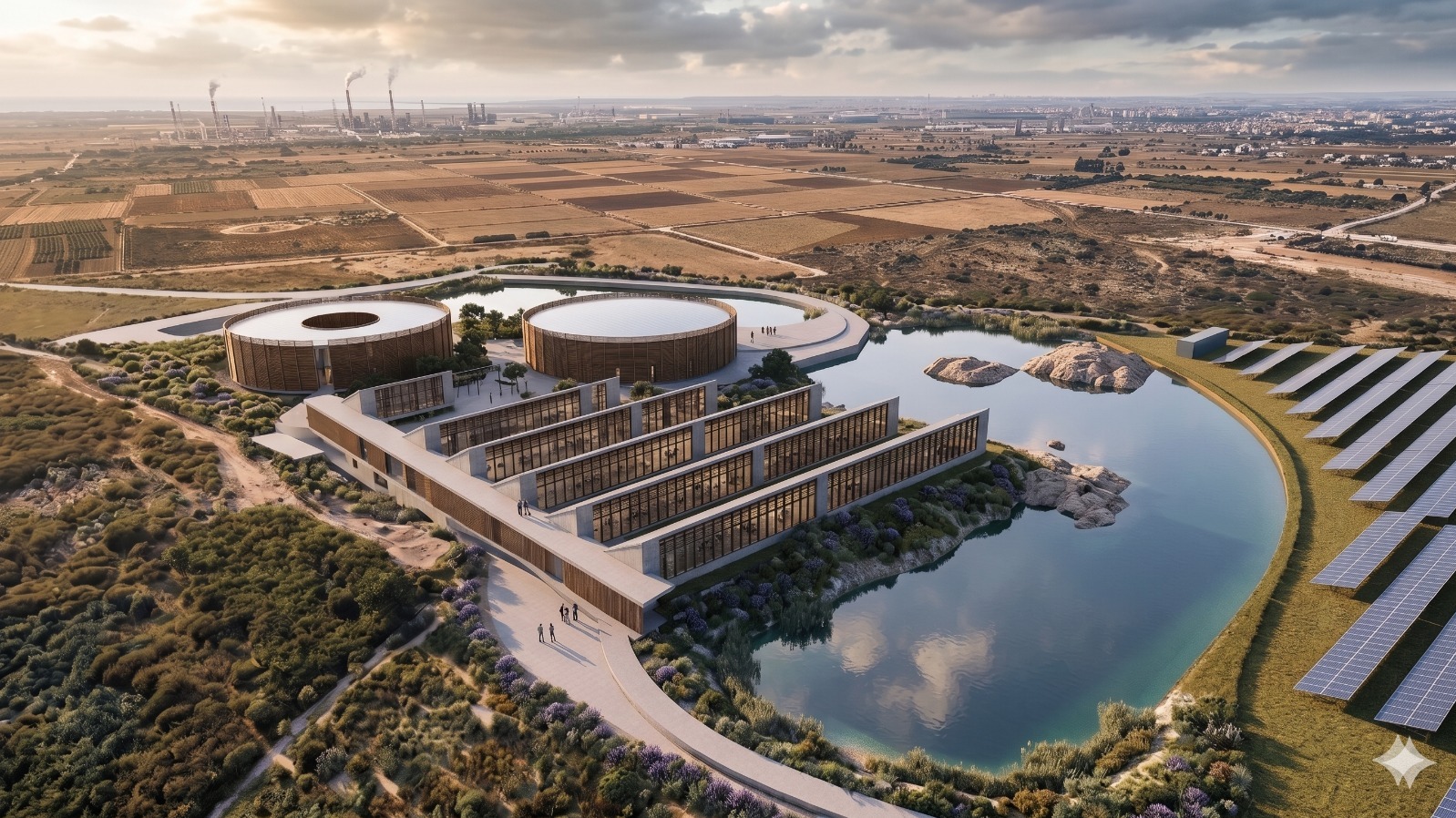 Aerial rendering of the Datahabitat masterplan with greenhouses, circular buildings and landscape water reserve